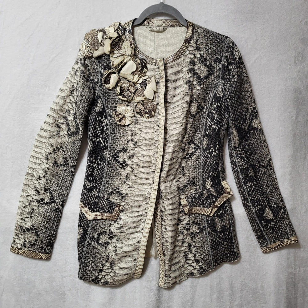 Ermanno Scervino Jacket Womens 42 Snake Print Linen Leather Floral Italy Designe